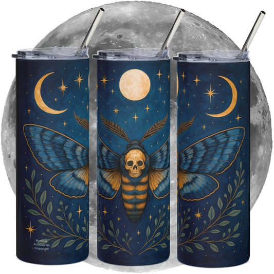 Death Head Moth Tumbler Stainless Steel 20 oz. View of Left, front, and right side. Wings spread to each side with delicate feathered antennae the death head hawkmoth is shown in blues and golden browns with a gothic skull on the moth's back. Below the moth are spreading green branches. Above the moth is a full moon and to the left is the waning crescent moon and to the right is the waxing crescent moon. Moon Phases Tumbler