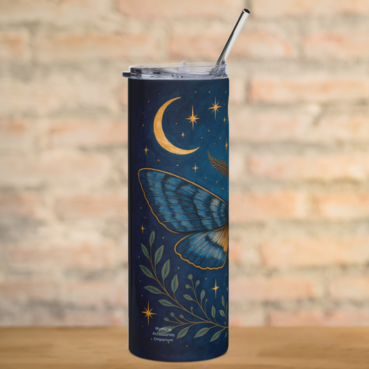 Death Head Moth Tumbler Stainless Steel 20 oz. Left side view of left wing. Below the moth are spreading green branches and stars. Above the wing is the waning crescent moon. You can see a metal straw coming out of the top of the tumbler where the edges of the BPA free plastic lid are. Witchy Gifts for Spook Moms