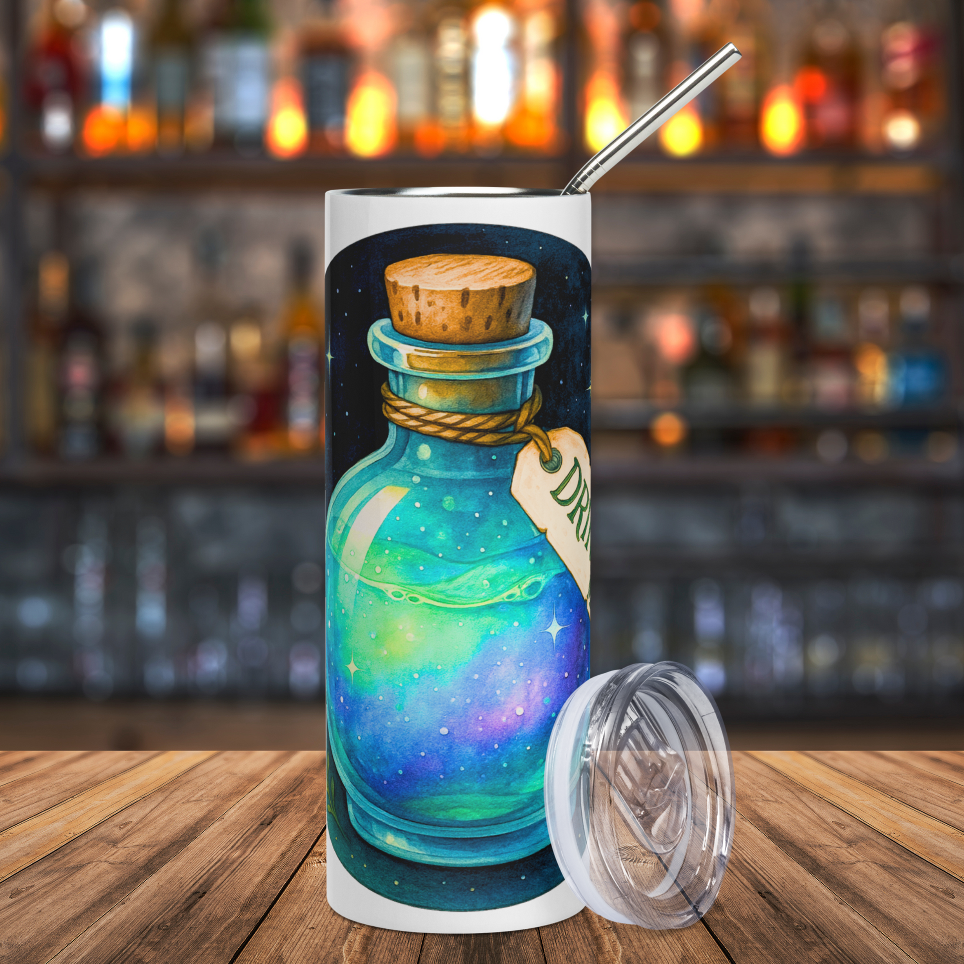 Drink Me 20 oz Stainless Steel Tumbler Front View, Leaning against the right side is a BPA free plastic lid. Round glass potion bottle with a cork. Hemp tied around the bottle's neck. You can see part of the tag with the letters DR visible. Potion is blue-green iridescent with base of purple. Witchy Spell Bottle