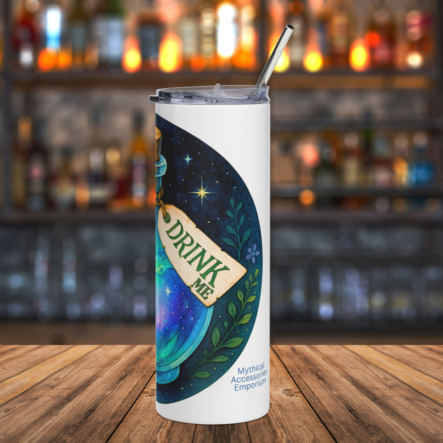 Drink Me Right side view of 20 oz stainless steel tumbler. You can see the right side of the potion bottle filled with iridescent green, blue, and purple magic liquid. The tag is visible on this side with Drink Me in green on the natural colored tag. Vines come up around the bottle. Behind the bottle is a night sky filled with stars. Spell bottle of witchy magic potion