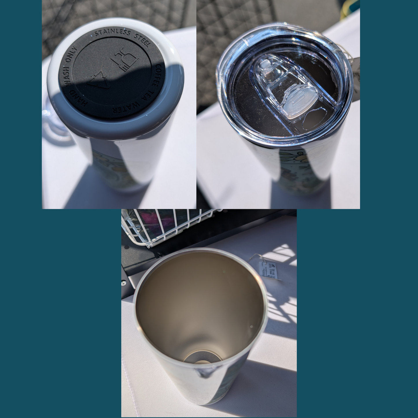 Drink Me Stainless Steel 20 oz Tumbler. View of bottom with silicone pad . Top view of lid to see the sliding mechanism. View of the inside which is stainless steel 304 food grade. 