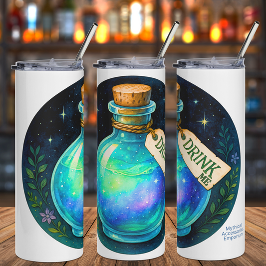 Stainless Steel 20 oz Tumbler. Left side, front, and right side view of tumblers next to each other to view the complete image. Glowing green blue potion with hints of purple inside a rounded bottle with a cork. Around the neck is rough hemp rope holding an aged tag that reads Drink Me. Background is a night sky of stars vines surround bottle. Graphic is on a white bottle. Metal straw sticking out of the top. Alice's Adventures in Wonderland Book Club Gift
