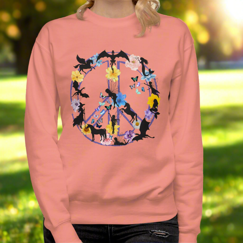 Front Womens  Dusty Rose Fantasy Peace Sign Women's Sweatshirt. Purple Peace Sign Outline filled with fantasy creatures dragons, mermaids, fairies, pegasus, a witch, butterflies, and flowers. 