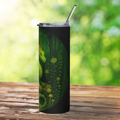 Right side view of the Earth Dragon Stainless Steel 20 oz Tumbler. You see Green roses and vines, mushrooms, old growth forest, the nose and eye of the dragon, part of the front feet, and a curl of the tail. Cottagecore Dragon