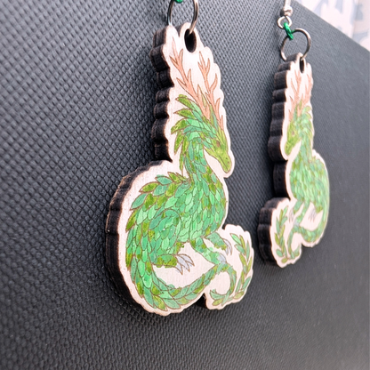 Earth Dragon Earrings, Handmade Wood Jewelry