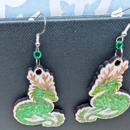 Earth Dragon Earrings, Handmade Wood Jewelry