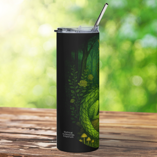 Fantasy Celtic Dragon 20 oz Stainless Steel Tumbler right side view. In this photo you see the metal straw sticking up above the edges of the BPA free plastic lid. On this side you see old growth forest, green vines and roses, mushrooms, and the green scaled dragons tail. Bookish Merch