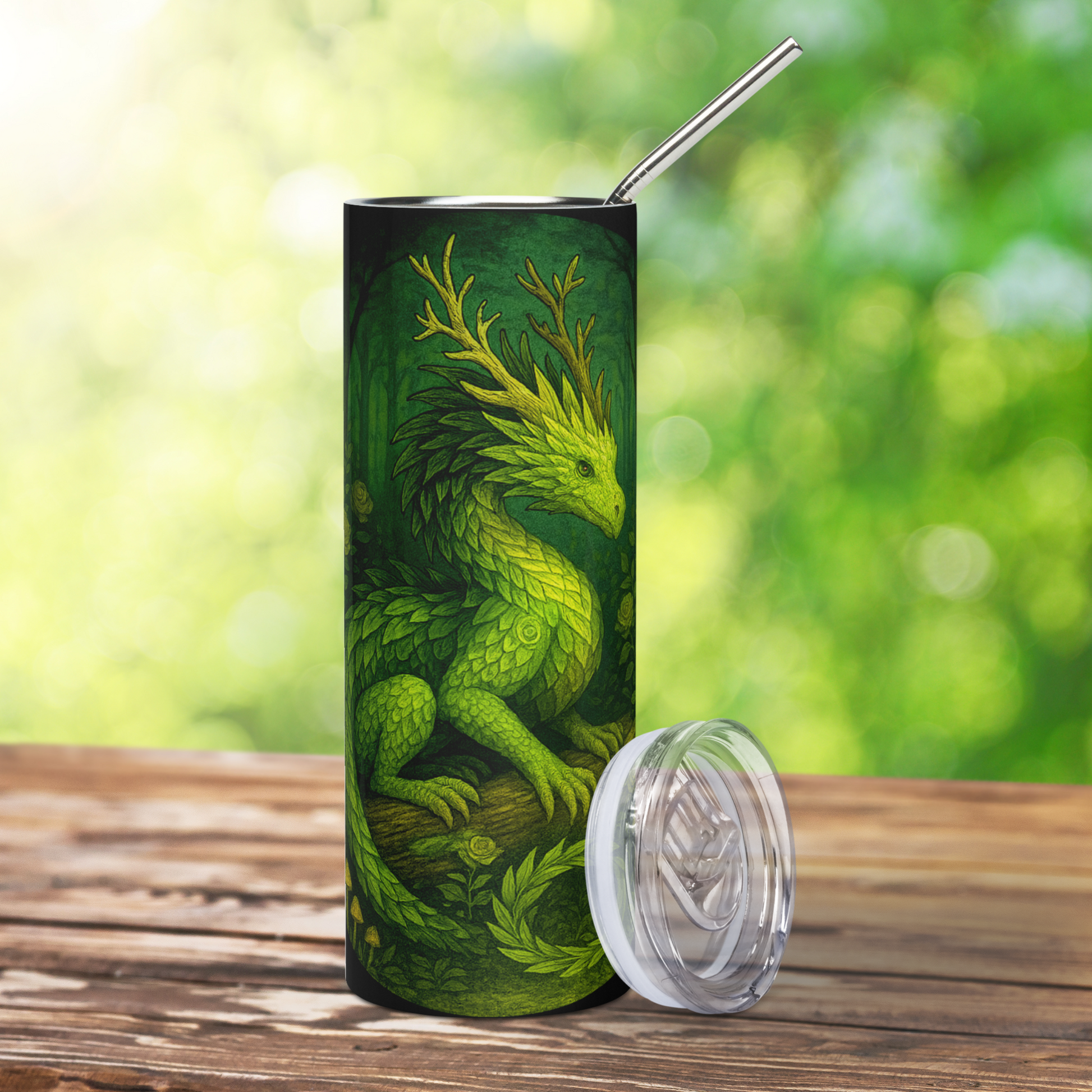 Elemental Earth Dragon Stainless Steel 20 Travel Mug with Straw front view. BPA free plastic lid is leaning on the right side. In this photo you see the green scaled dragon with horns branching up from their head. Tail curls in front of the dragon. In the background you see old growth forest. Bookish Merch