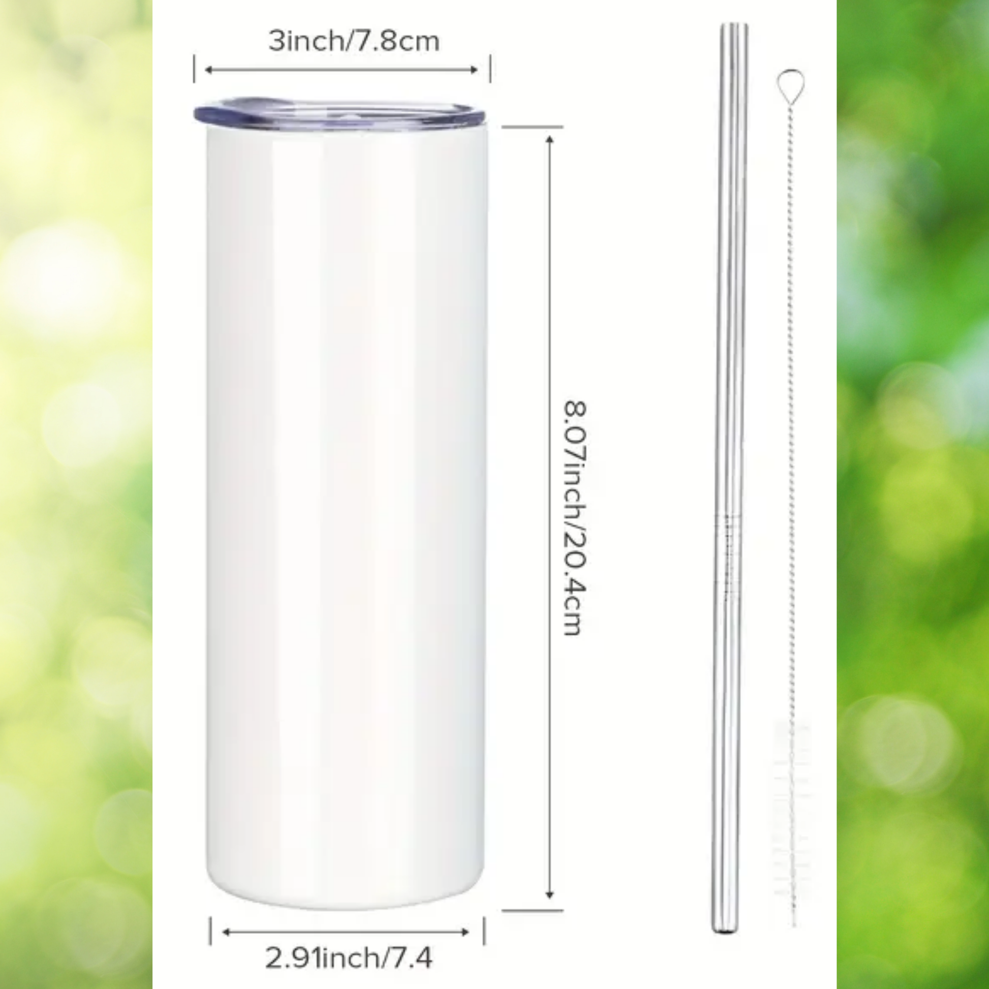 Measurements for the Earth Dragon 20 oz Stainless Steel Tumbler. The lid is 3 inches wide. The tumbler is 8.07 inches high and 2.91 inches wide. It comes with a metal straw and cleaning brush.
