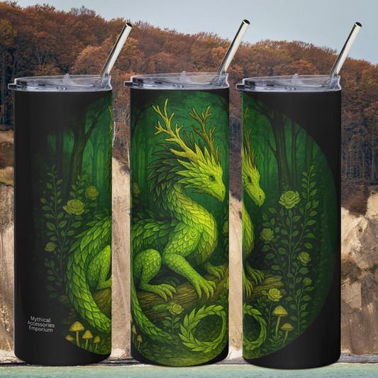 Earth Elemental Dragon 20 oz Stainless Steel Fantasy Tumbler. In this photo you see the left side, front, and right side. On a black tumbler a circle graphic containing a green dragon. You see a green scaled dragon with branch looking antlers/horns. Surrounding the dragon are mushrooms, vines, green roses, and old growth forest.  Fantasy Book Lover's Gift