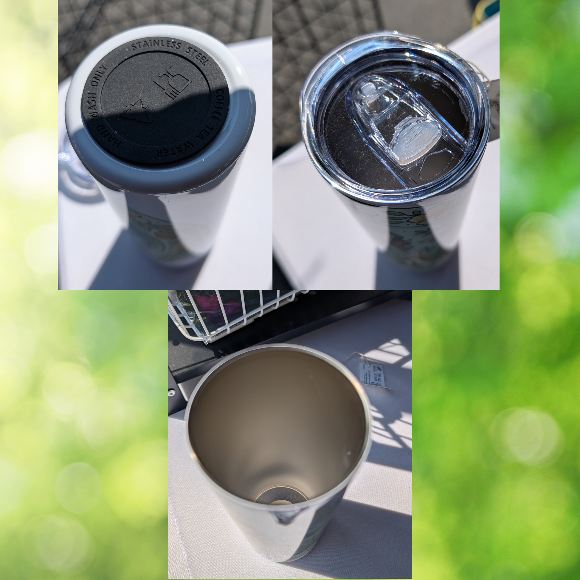 You see the bottom of the the Earth Dragon Stainless Steel Tumbler with a silicone pad. The top of the tumbler with the BPA free lid. And the inside of the 304 food grade stainless steel tumbler.