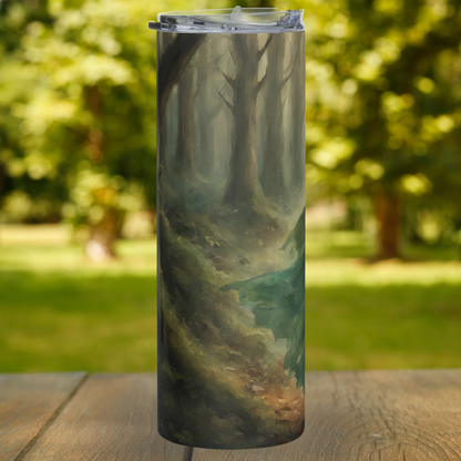 Elf Queen 20 oz stainless steel tumbler left side view. Wooded forest with dark trunks and reaching branches. The left side of the Elven Queen's Dress floats into view. Fantasy Fairycore Bookish Merch
