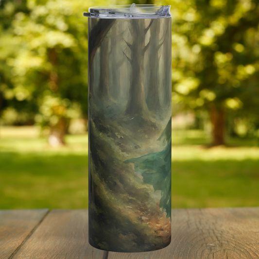 Elf Queen 20 oz stainless steel tumbler left side view. Wooded forest with dark trunks and reaching branches. The left side of the Elven Queen's Dress floats into view. Fantasy Fairycore Bookish Merch