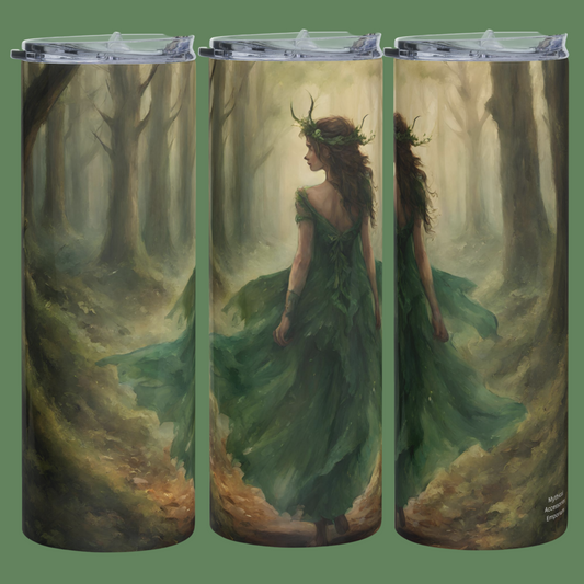 Elf Queen 20 oz stainless steel tumbler left, front, and right side view collage. Fairy queen with a crown of green leaves and horns on her head. Long brown hair and green flowing dress walking through a dark wooded path with her back turned to the viewer. Medieval Fantasy Boo Lover's Gift
