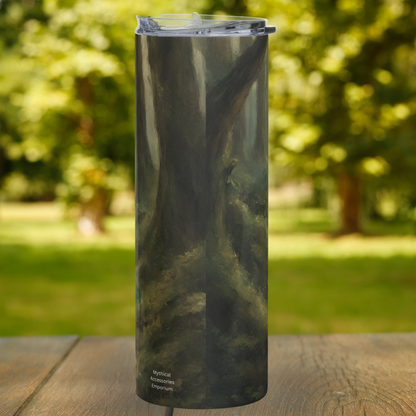 Elf Queen 20 oz stainless steel tumbler back view. The left and right side of the dark forest come together in the back. Bookish gifts