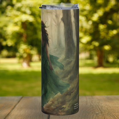 Elf Queen 20 oz stainless steel tumbler right side view. An arm swinging back as the Elven Queen Walks down the dark forested path. Long brunette hair is visible and the back part of the leaf crown. The long green dress floats into view. The path is line in bare dark trees. Dark Academia