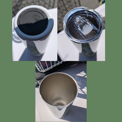This is a collage of the bottom, the top, and the inside of the tumbler. You see the black silicone pad on the bottom of the tumbler. The lid is on the top of the mug and you can see the sliding mechanism that opens and closes the hole for drinking or for putting the metal straw into it. And you see the inside of the 304 food grade stainless steel tumbler. These photos were all taken between customers at my local Farmer's Market