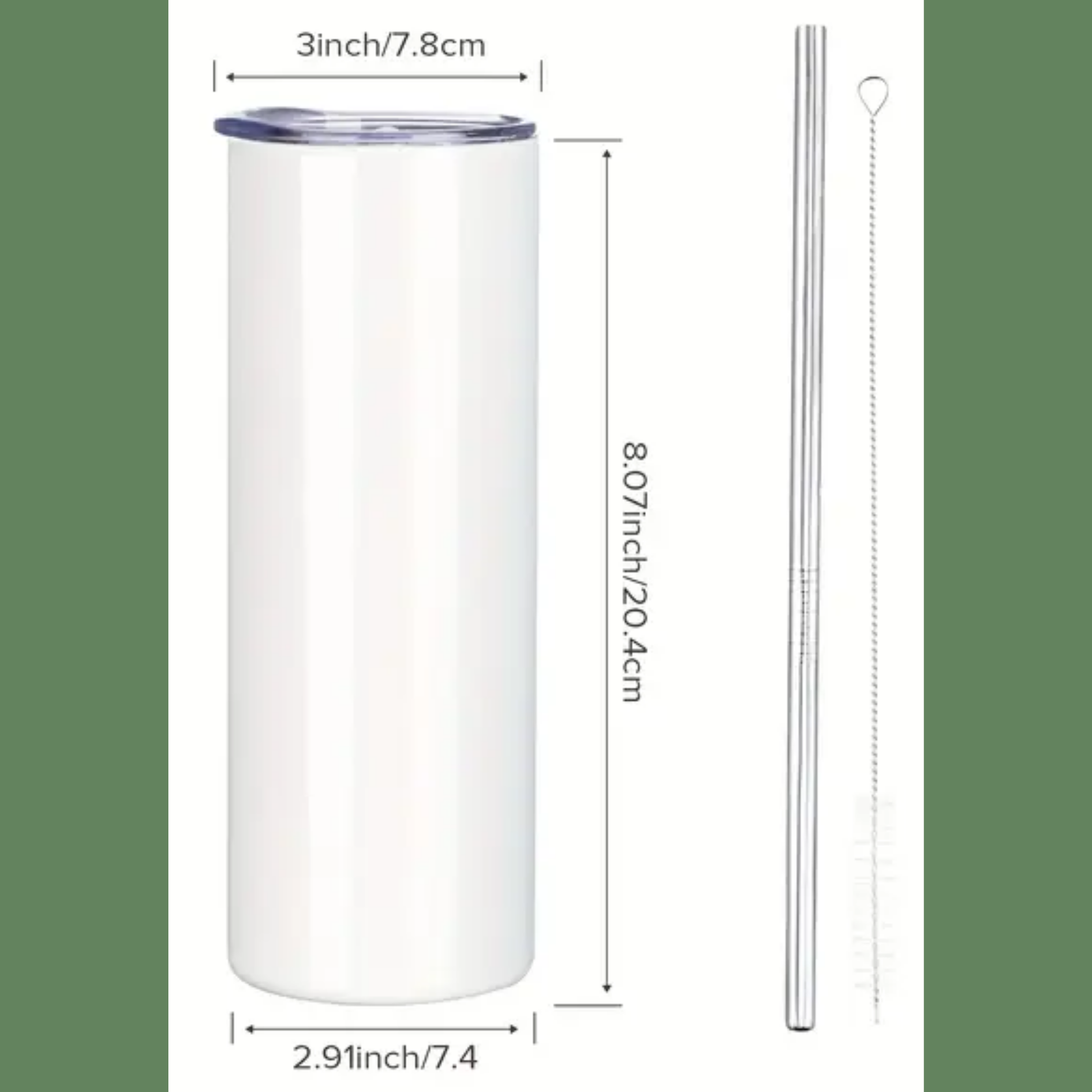 You see a white tumbler with lines and measurements. The lid is 3 inches across. The tumbler is 8.07 inches high and 2.91 inches across. Included are pictures of the metal straw and cleaning brush that come with the tumbler.