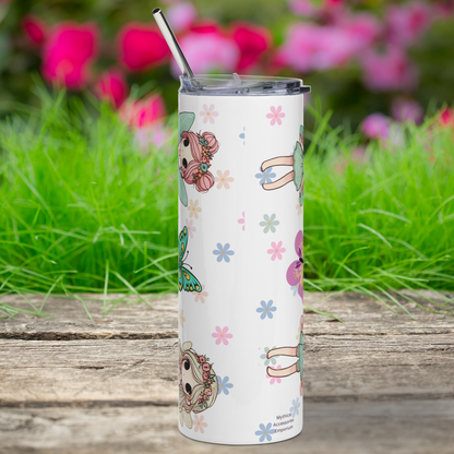 Fairy Enchanted AF Stainless Steel Tumbler Back View. To the right you can see the tops of the heads of two fairies and to the right you can see the legs of two fairies. Daisy floral background in pastels. Whimsigoth Pastel Goth 