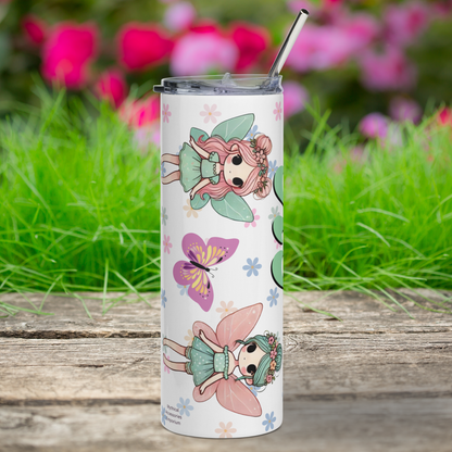 Enchanted AF Fairy Stainless Steel Tumbler right side view. Metal Straw is visible over the edges of the BPA plastic lid. Here you see two kawaii fairies with rosy cheeks and large black eyes. Each one has pink flowers in their hair. Fairy 1 has pink hair in double buns, blue dress, and blue butterfly wings. Fairy 2 has blue hair in a bun, blue dress, and pink butterfly wings. A purple butterfly and floral daisy background. Fantasy Book Lover's Gift