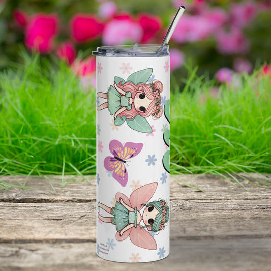 Enchanted AF Fairy Stainless Steel Tumbler right side view. Metal Straw is visible over the edges of the BPA plastic lid. Here you see two kawaii fairies with rosy cheeks and large black eyes. Each one has pink flowers in their hair. Fairy 1 has pink hair in double buns, blue dress, and blue butterfly wings. Fairy 2 has blue hair in a bun, blue dress, and pink butterfly wings. A purple butterfly and floral daisy background. Fantasy Book Lover's Gift