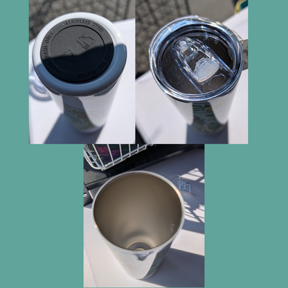 Fairy Enchanted AF Stainless Steel Tumbler. In this collage you see three photos. The first one shows the bottom of the tumbler and the silicone pad, the top shows the top of the lid. The third one shows the inside of the tumbler.  Fun fact  too these photos in between customers at our local farmer's market in Helena, MT!