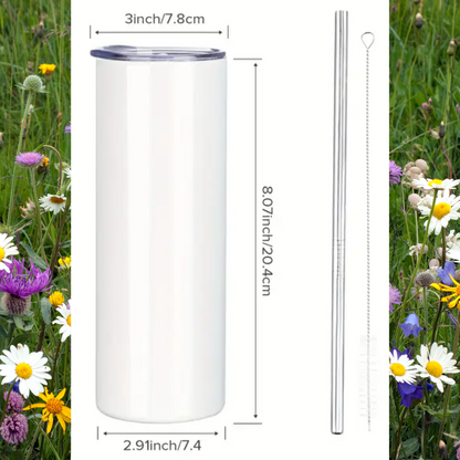 Tumbler dimensions for the Fairy Enchanted AF stainless steel tumbler. The lid is 3 in diameter. The tumbler is 8.07 inches high, 2.91 inches wide. Includes a metal straw and cleaning brush.
