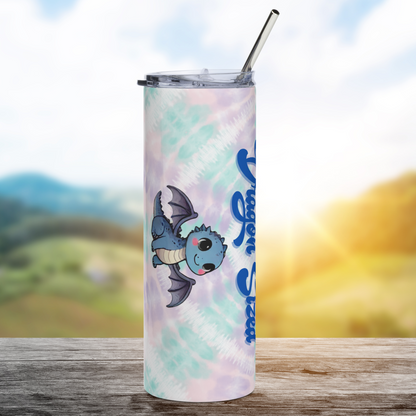 Everyday Magic Dragon Stainless Steel Tumbler left side view. You can see the bottom of the words Dragon Sized and below this you see a blue kawaii dragon with purple wings spread out.  The background is tie dye in greens, purple, and pinks. Book Lovers Gift