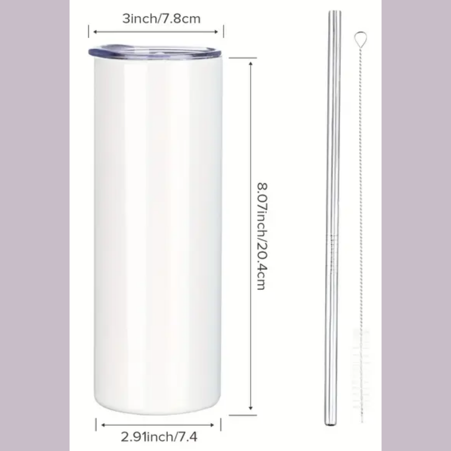 Showing the size of the tumbler. The lid is 3 inches across. The Tumbler is 8.07 inches tall and 2.91 inches across. Includes a metal straw and cleaning brush.