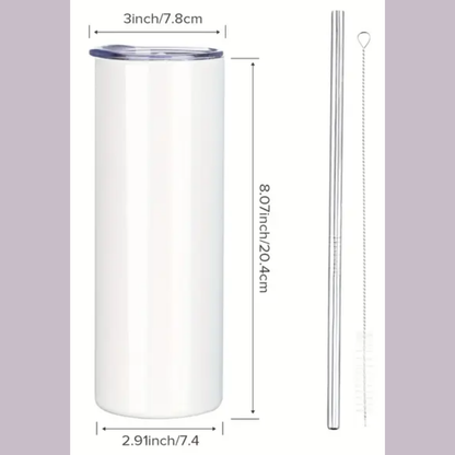 Showing the size of the tumbler. The lid is 3 inches across. The Tumbler is 8.07 inches tall and 2.91 inches across. Includes a metal straw and cleaning brush.