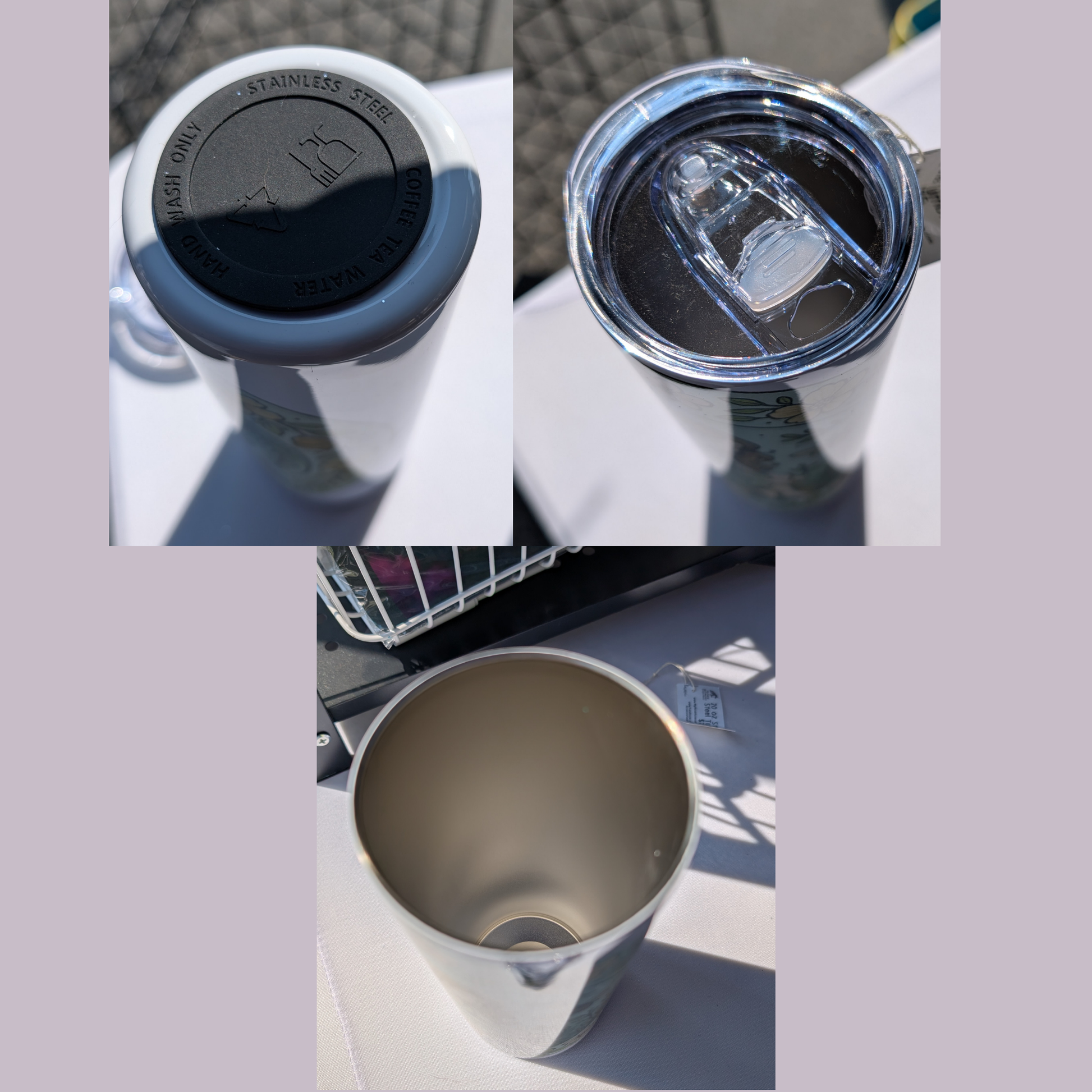 Everyday magic stainless steel tumbler. You see the bottom of the tumbler with a silicone pad to increase stability. You see the top of the tumbler with the lid. And you see the inside of the 304 food grade stainless steel tumbler. Fantasy Gift for DND Players
