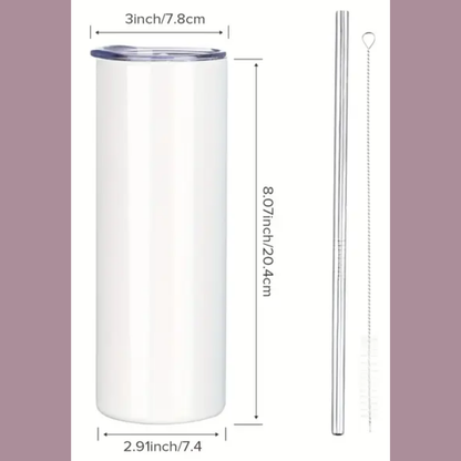 You see a white tumbler with lines and measurements. The lid is 3 inches across. The tumbler is 8.07 inches high and 2.91 inches across. Included are pictures of the metal straw and cleaning brush that come with the tumbler.