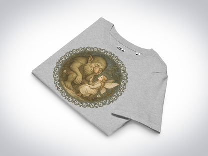 Athletic Grey fantasy graphic women's tee folded to show sleeve and graphic. Here you get a better view of a troll sitting next to a fairy in a nighttime forest. The troll looks like he is falling asleep while listening to the fairy speak. The fairy is wearing a long dress with hair tucked behind her pointed ears. She is placing a hand softly on the troll's arm.