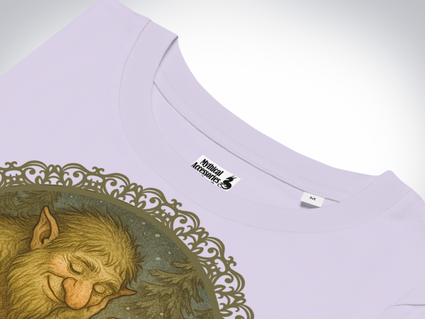 Lavender graphic troll fairy tshirt. Up close view of the collar.