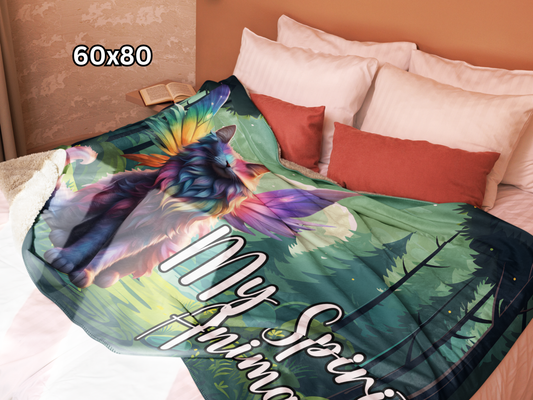 Lightweight Sherpa Throw Blanket size 60"x80" on a queen bed. The blanket is draped slightly over the edges of the bed by width. Would be a great throw for a bed or a 2 person throw for a couch.  Longhaired Maine Coon Cat in Rainbow Fur with Fairy Wings in Rainbow colors. Fairy Cat is sitting in a moonlit forest with a full moon behind the cat. The background is in greens. The cat is pinks, purple, blue, yellow, and orange pastels. Text to the right of the cat in white, My Spirit Animal