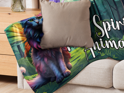 Throw Blanket with a Fairy Cat is draped over a tan chair with a beige pillow sitting on it. 