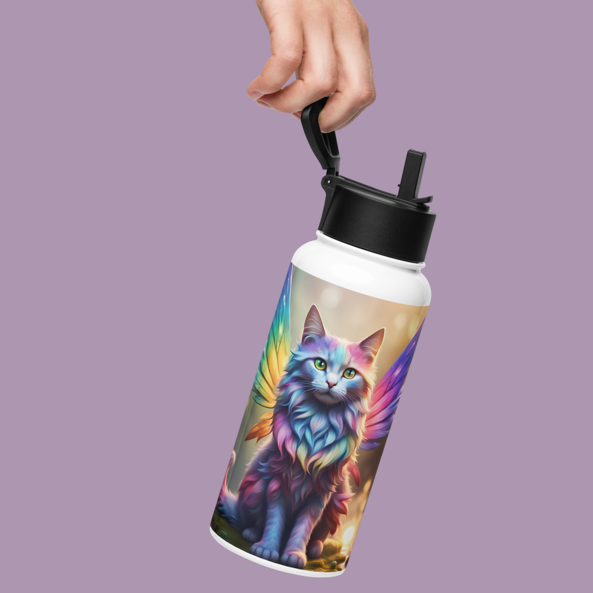 View of Fairy Cat Water Bottle held by the handle.