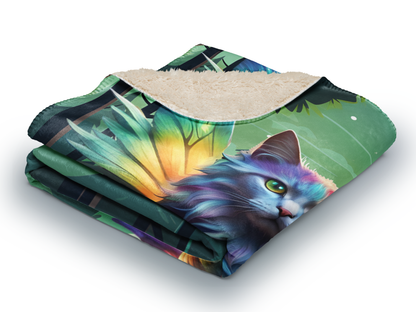 Fairy Cat lightweight Throw Blanket folded into a square with the top folded over to showcase the sherpa