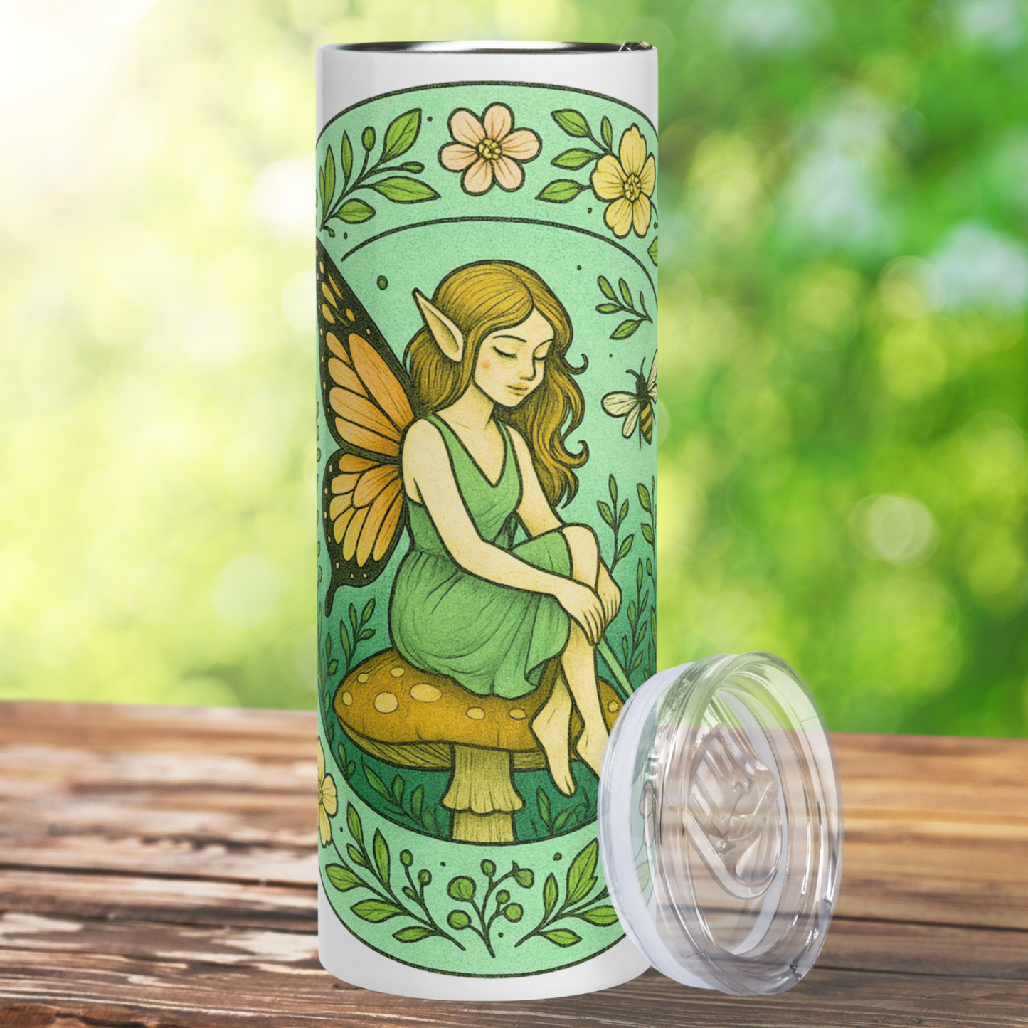 Fairy Circle 20 oz Stainless Steel Travel Tumbler, front view. The front view shows the top and bottom of the floral border. The fairy sitting on a toadstool with monarch style wings, legs pulled up and her arms around them. The bee is visible to the right. Book Club Merch