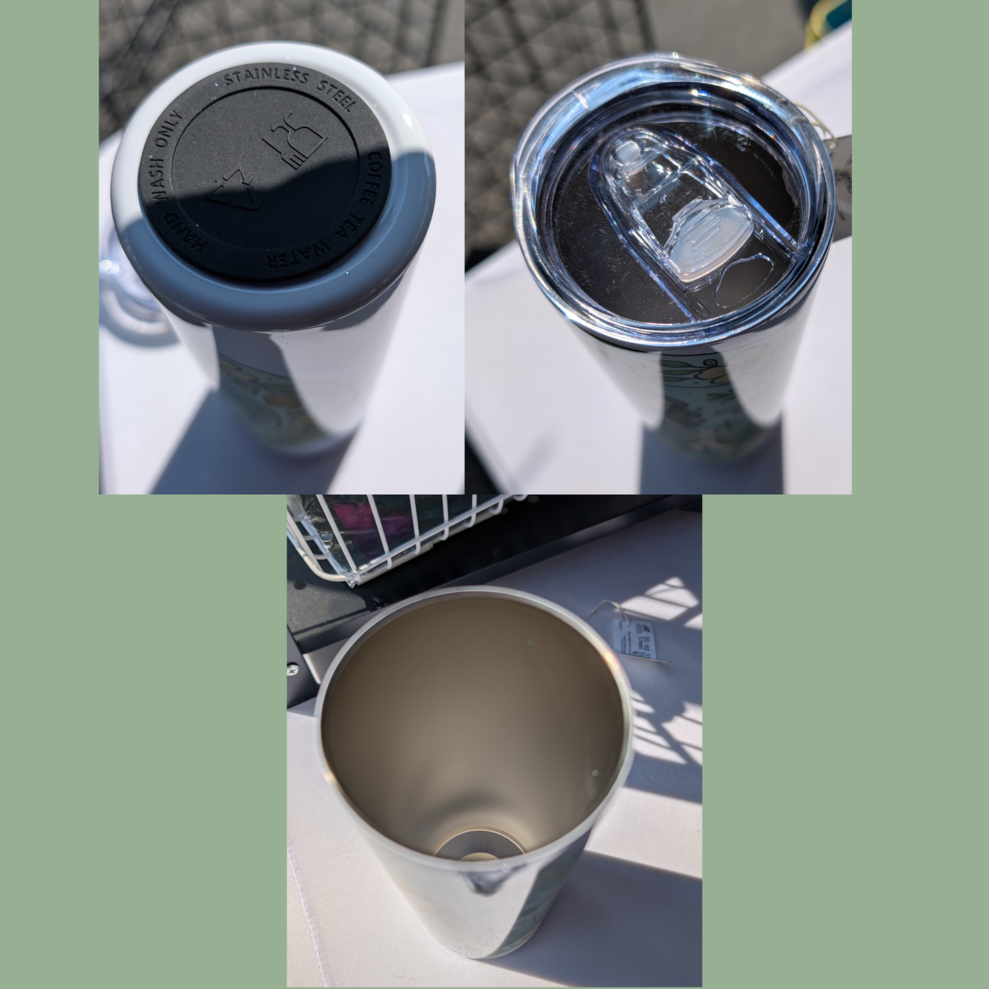 Fairy Circle 20 oz Stainless Steel Tumbler. Here you see the bottom of the tumbler with a black silicone pad for stability. The top of the Tumbler with the lid on is visible. And the inside of the 304 Food Grade Stainless Steel Tumbler is visible.