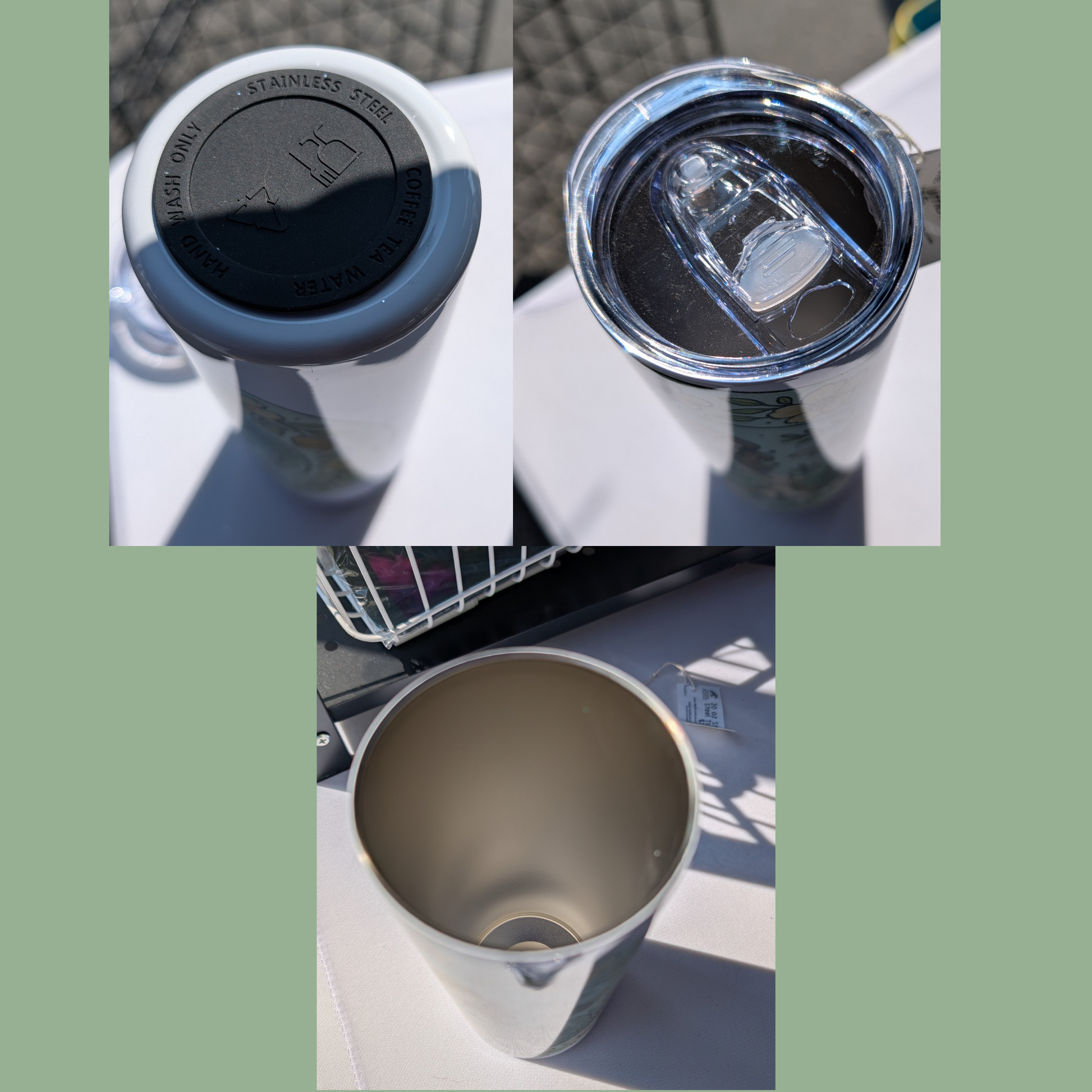 Fairy Circle 20 oz Stainless Steel Tumbler. Here you see the bottom of the tumbler with a black silicone pad for stability. The top of the Tumbler with the lid on is visible. And the inside of the 304 Food Grade Stainless Steel Tumbler is visible.