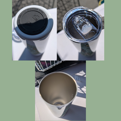 Fairy Circle 20 oz Stainless Steel Tumbler. Here you see the bottom of the tumbler with a black silicone pad for stability. The top of the Tumbler with the lid on is visible. And the inside of the 304 Food Grade Stainless Steel Tumbler is visible.