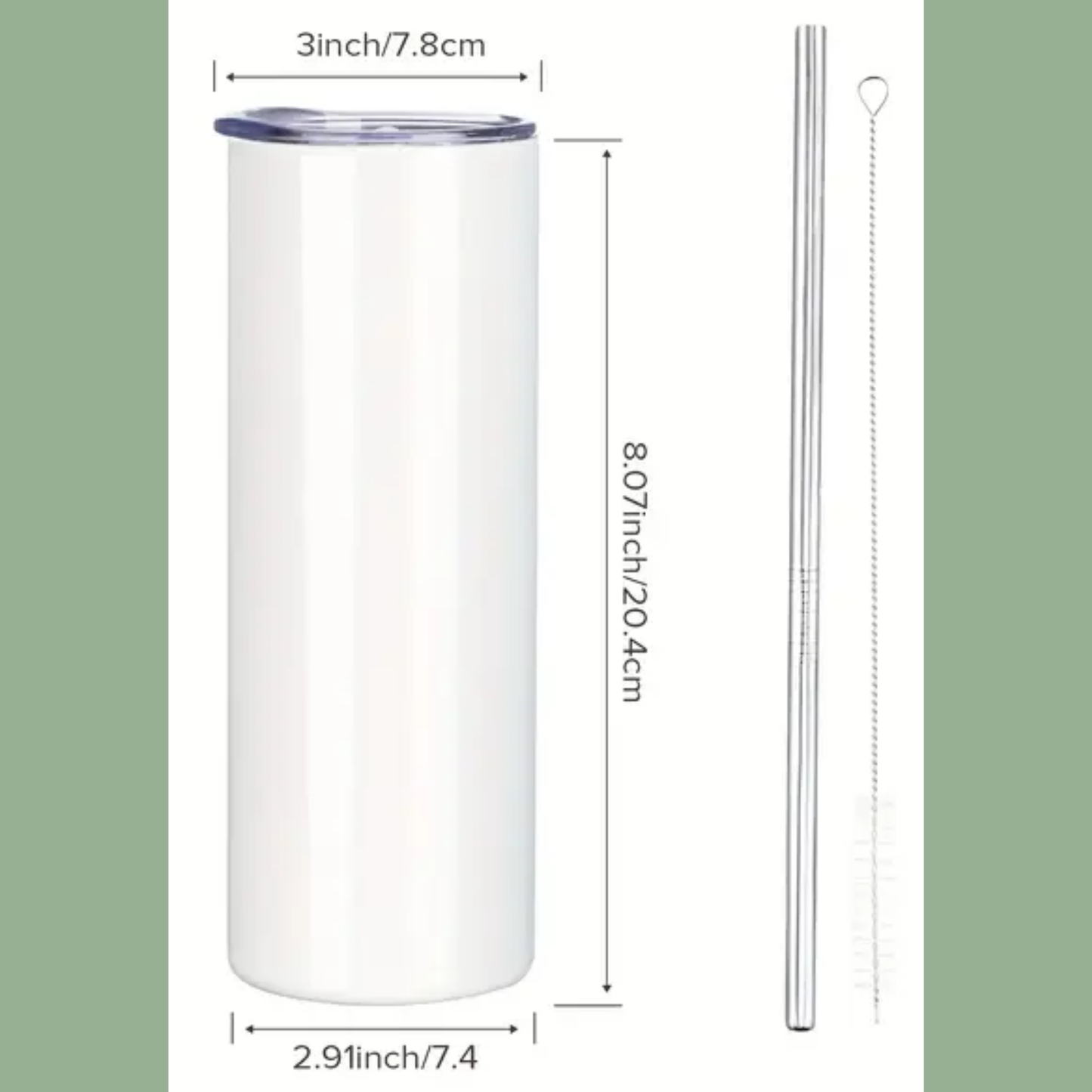 Fairy Circle 20 oz Stainless Steel Tumbler. In this image you see the white tumbler with the lid on and measurements. The lid is 3 inches across. The tumbler is 8.07 inches high and has a diameter of 2.91 inches. Included are a metal straw and straw cleaning brush.