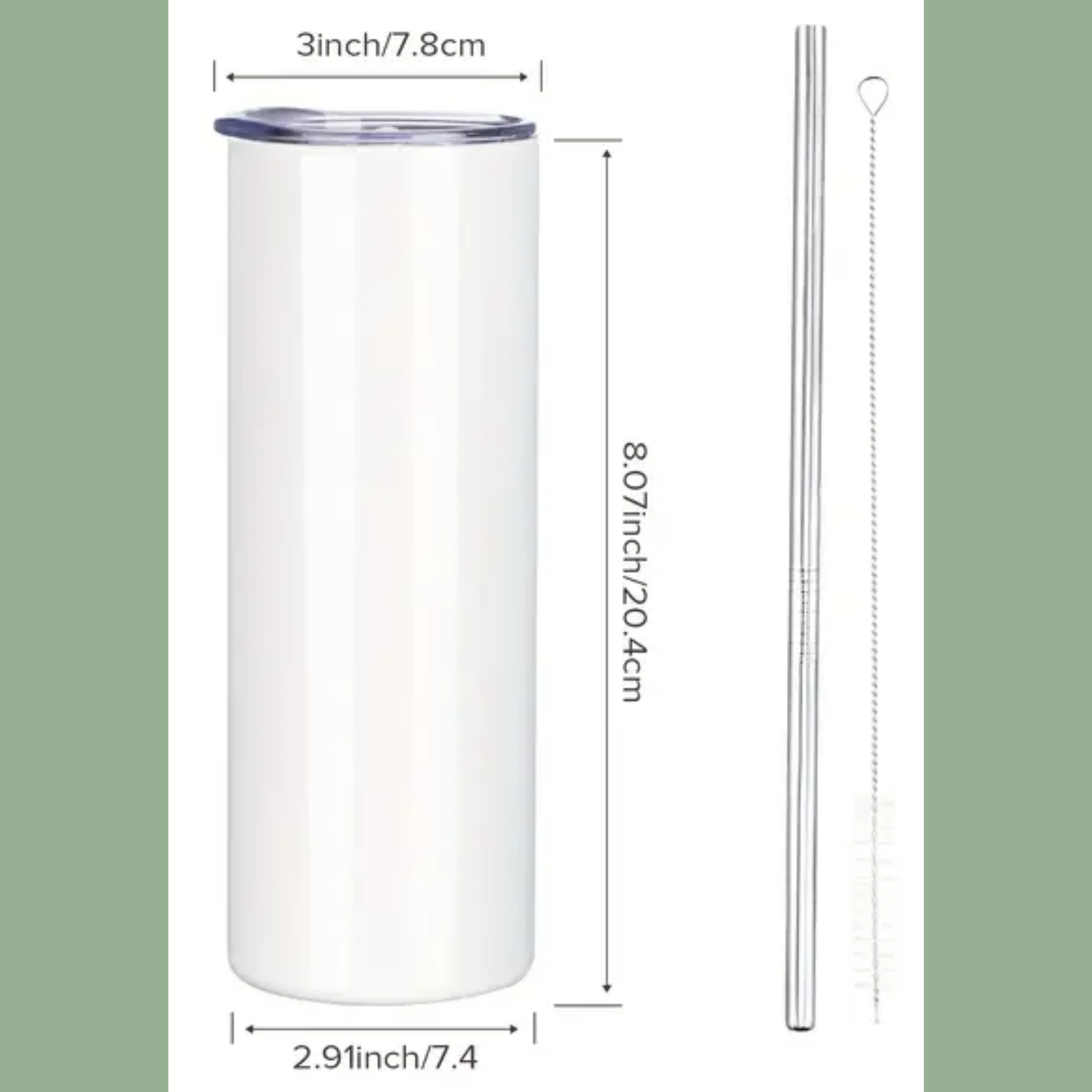 Fairy Circle 20 oz Stainless Steel Tumbler. In this image you see the white tumbler with the lid on and measurements. The lid is 3 inches across. The tumbler is 8.07 inches high and has a diameter of 2.91 inches. Included are a metal straw and straw cleaning brush.