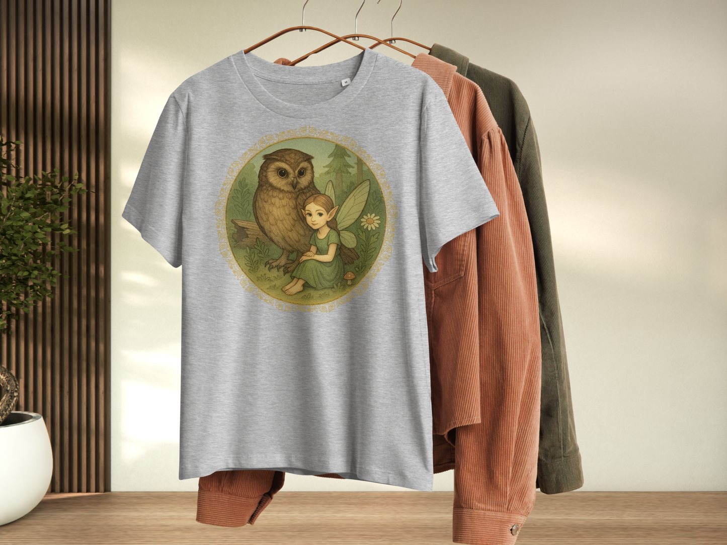 Heather Gray t-shirt with an owl and fairy design on a hanger against a neutral background.  Fairy is sitting on the ground in a forest next to a great horned owl. Fairy is wearing a long green dress with hair pulled back to show sharply pointed ears. 