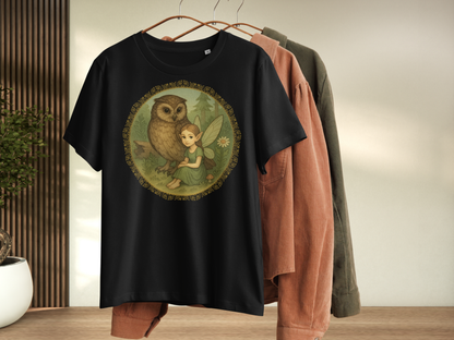 Black t-shirt with an owl and fairy design hanging on a rack.  Fairy is sitting on the ground in a forest next to a great horned owl. Fairy is wearing a long green dress with hair pulled back to show sharply pointed ears. 