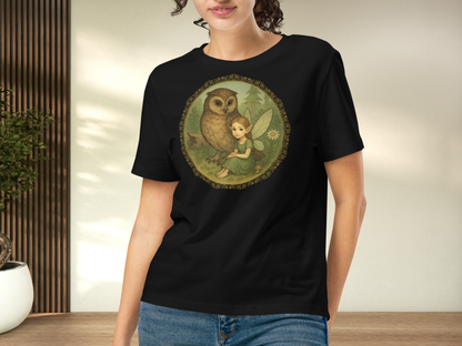Person wearing a black t-shirt with an owl and fairy design.