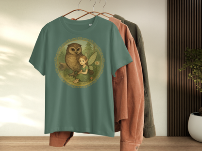 Green Bay t-shirt with an owl and fairy design hanging on a rack.  Fairy is sitting on the ground in a forest next to a great horned owl. Fairy is wearing a long green dress with hair pulled back to show sharply pointed ears. 