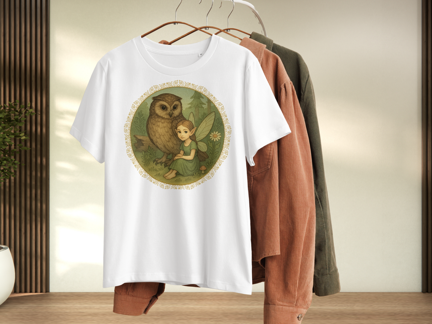 White t-shirt with a graphic design of an owl and fairy on a hanger with jackets in the background. Fairy is sitting on the ground in a forest next to a great horned owl. Fairy is wearing a long green dress with hair pulled back to show sharply pointed ears. 