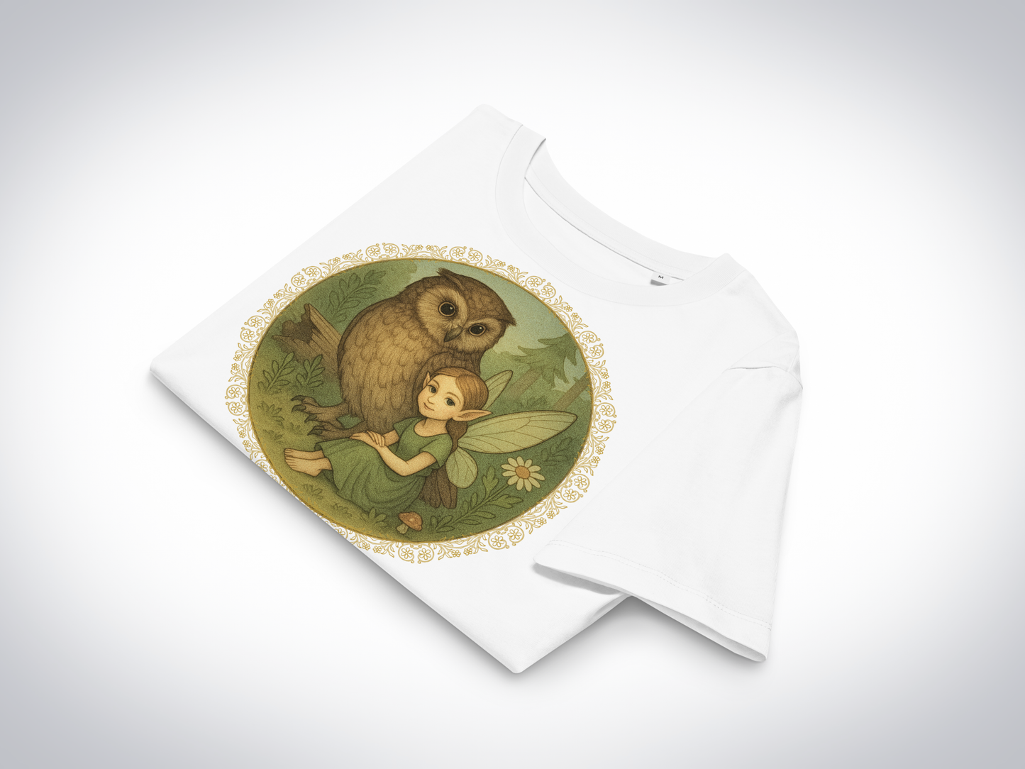 White t-shirt with an owl and fairy design on a white background. The shirt is folded to show the circle shaped graphic, the sleeve, and the collar.  Fairy is sitting on the ground in a forest next to a great horned owl. Fairy is wearing a long green dress with hair pulled back to show sharply pointed ears. 